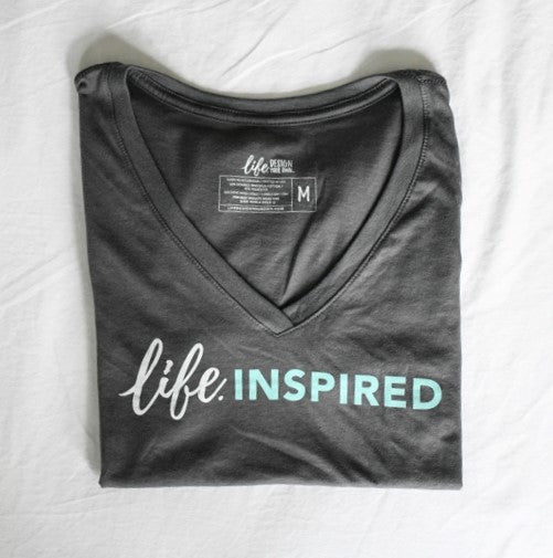 Womens gray v neck tee t-shirt with "life inpired" text